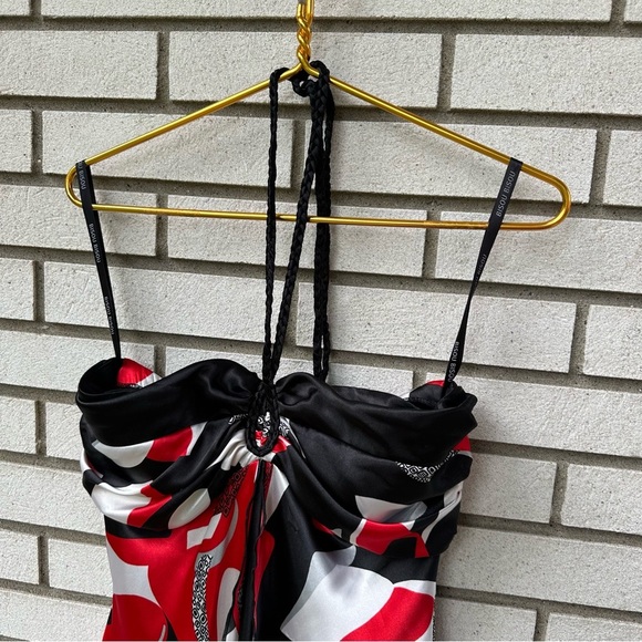 Bisou Bisou Y2K Red Black White Abstract Halter Dress Sz 12 Homecoming Hoco - Picture 3 of 10